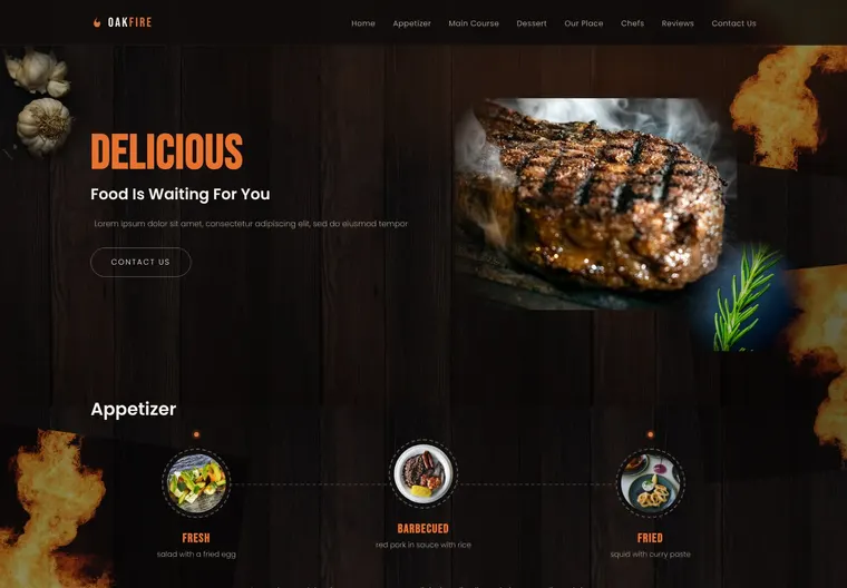 Mẫu website Oakfire Steakhouse — Ẩm thực & đồ uống
