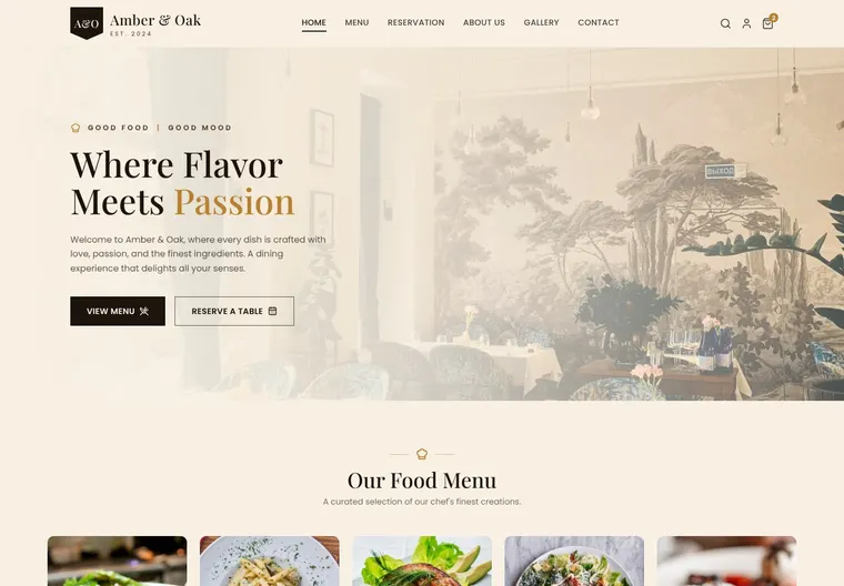 Mẫu website Amber & Oak — Ẩm thực & đồ uống